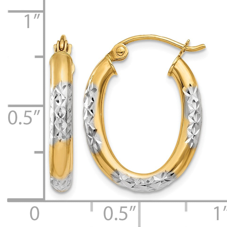14K & Rhodium 3mm Diamond Cut Oval Hollow Hoop Earrings