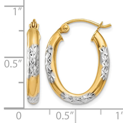 14K & Rhodium 3mm Diamond Cut Oval Hollow Hoop Earrings