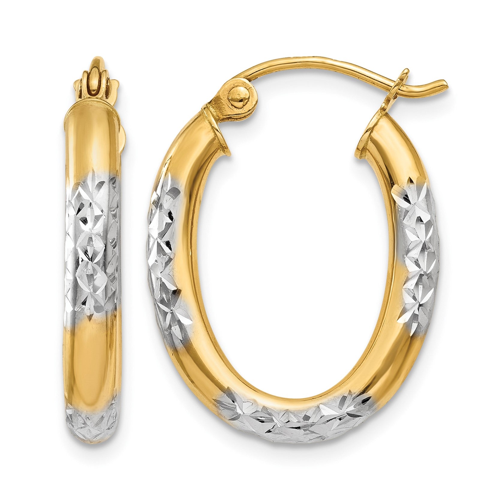 14K & Rhodium 3mm Diamond Cut Oval Hollow Hoop Earrings
