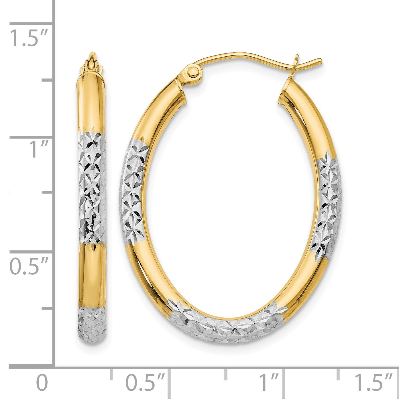 14K w/ White Rhodium 3mm Diamond Cut Oval Hollow Hoop Earrings
