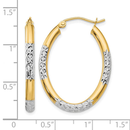 14K w/ White Rhodium 3mm Diamond Cut Oval Hollow Hoop Earrings