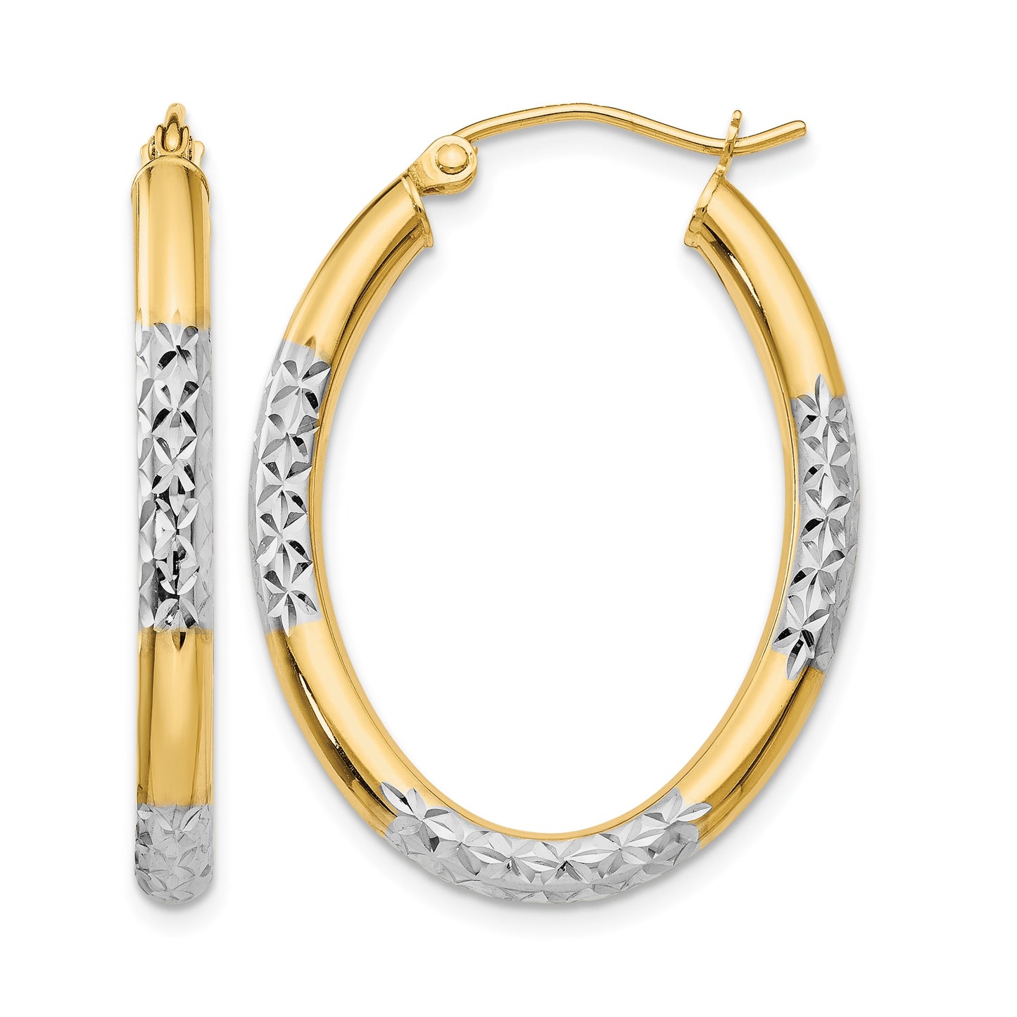 14K w/ White Rhodium 3mm Diamond Cut Oval Hollow Hoop Earrings