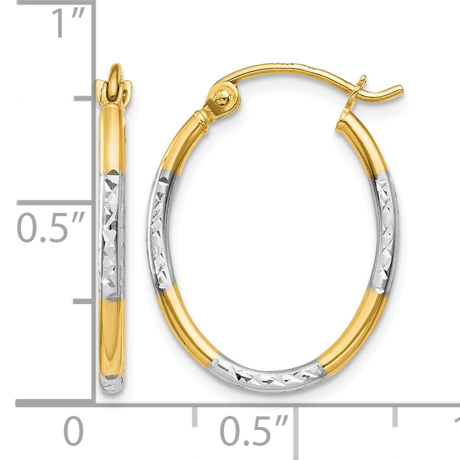 14K w/White Rhodium Diamond Cut Oval Hoop Earrings