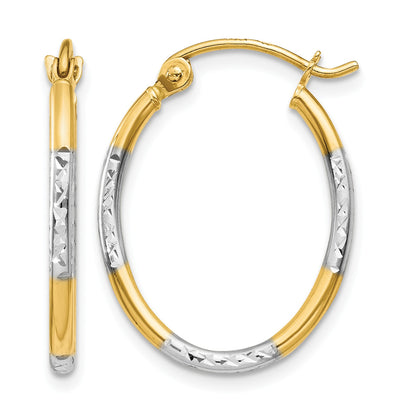 14K w/White Rhodium Diamond Cut Oval Hoop Earrings
