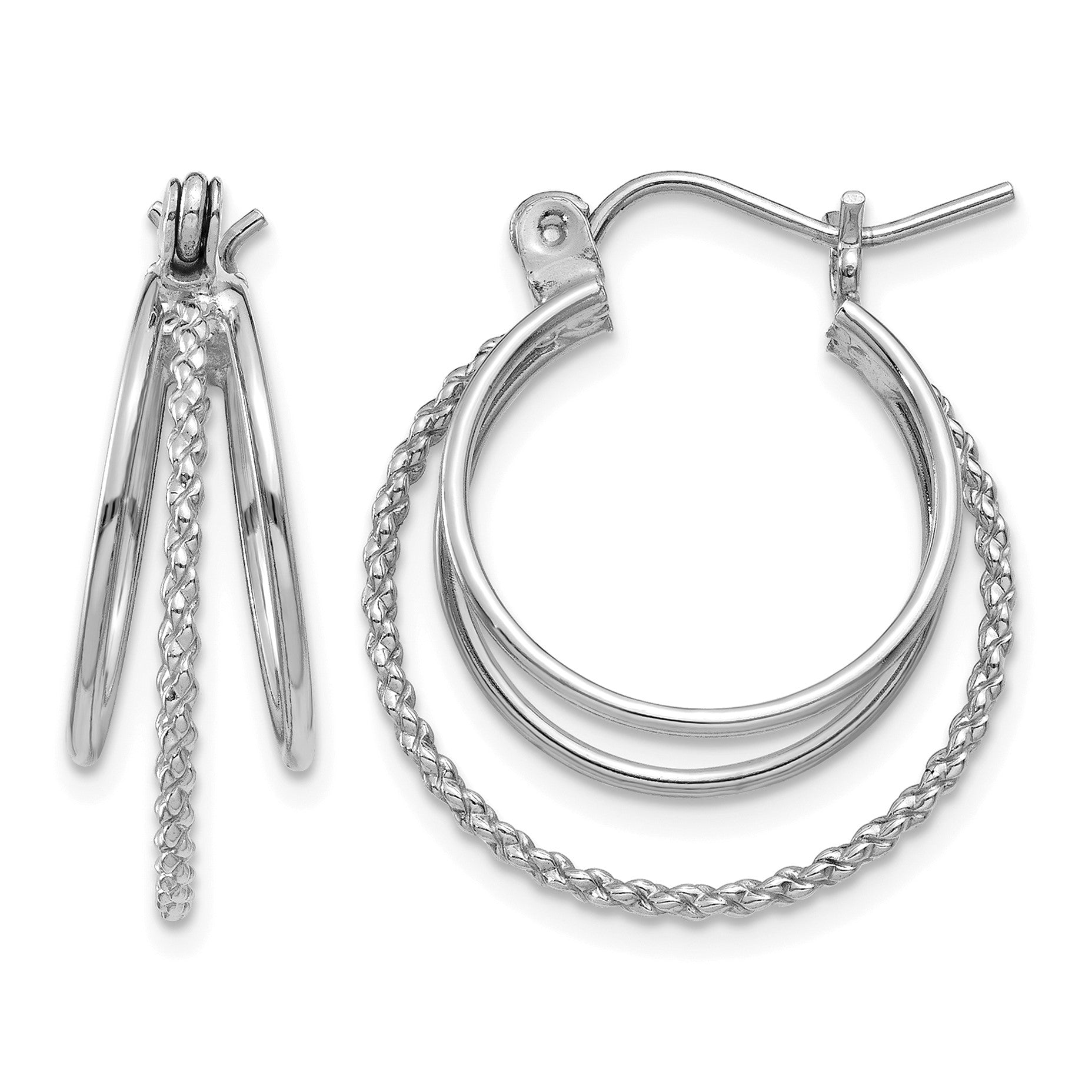 14k White Gold Polished and Textured Circle Hoop Earrings