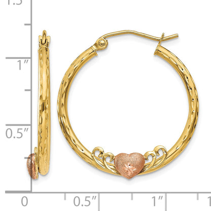 14K & Rose Heart D/C Hoop Earrings
