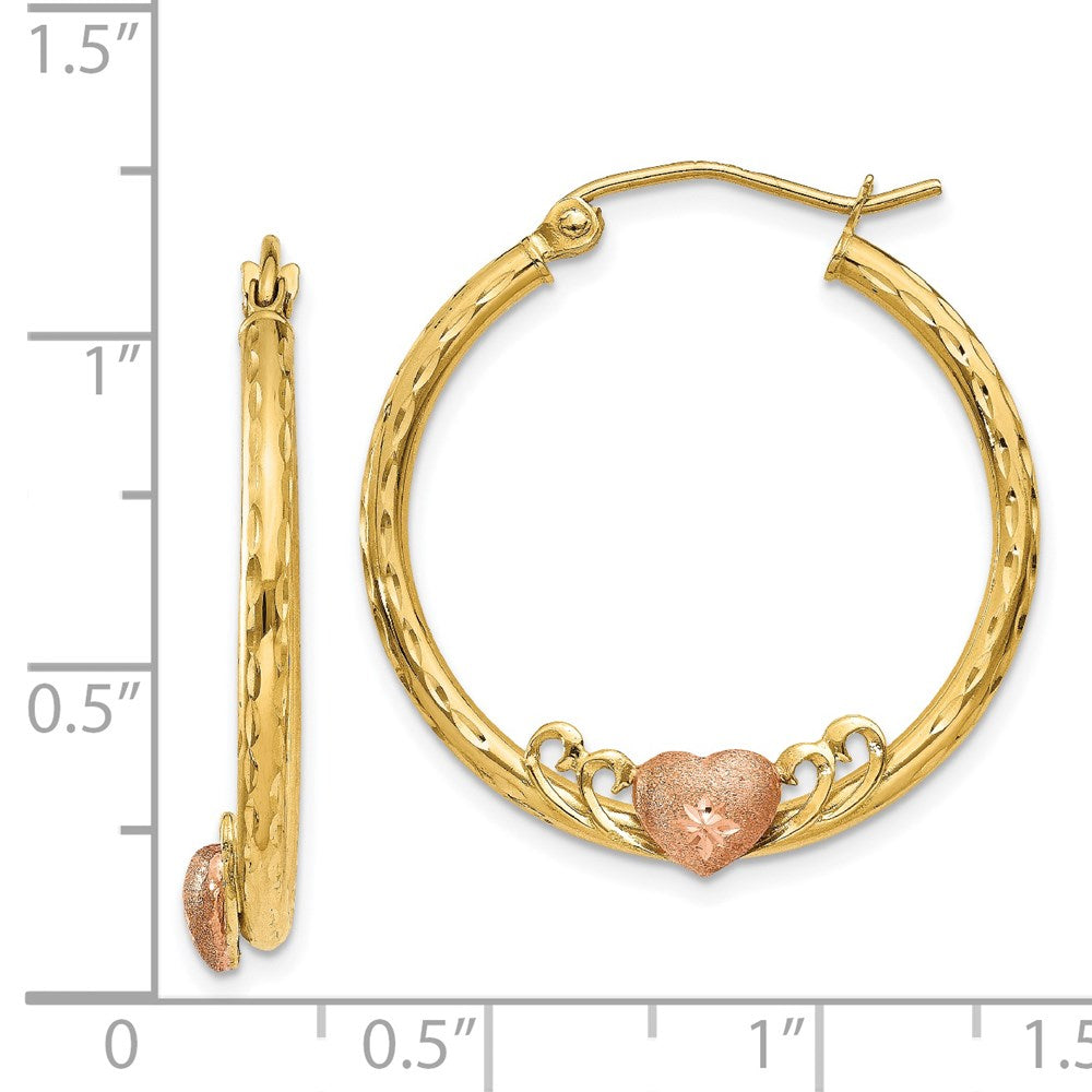 14K & Rose Heart D/C Hoop Earrings