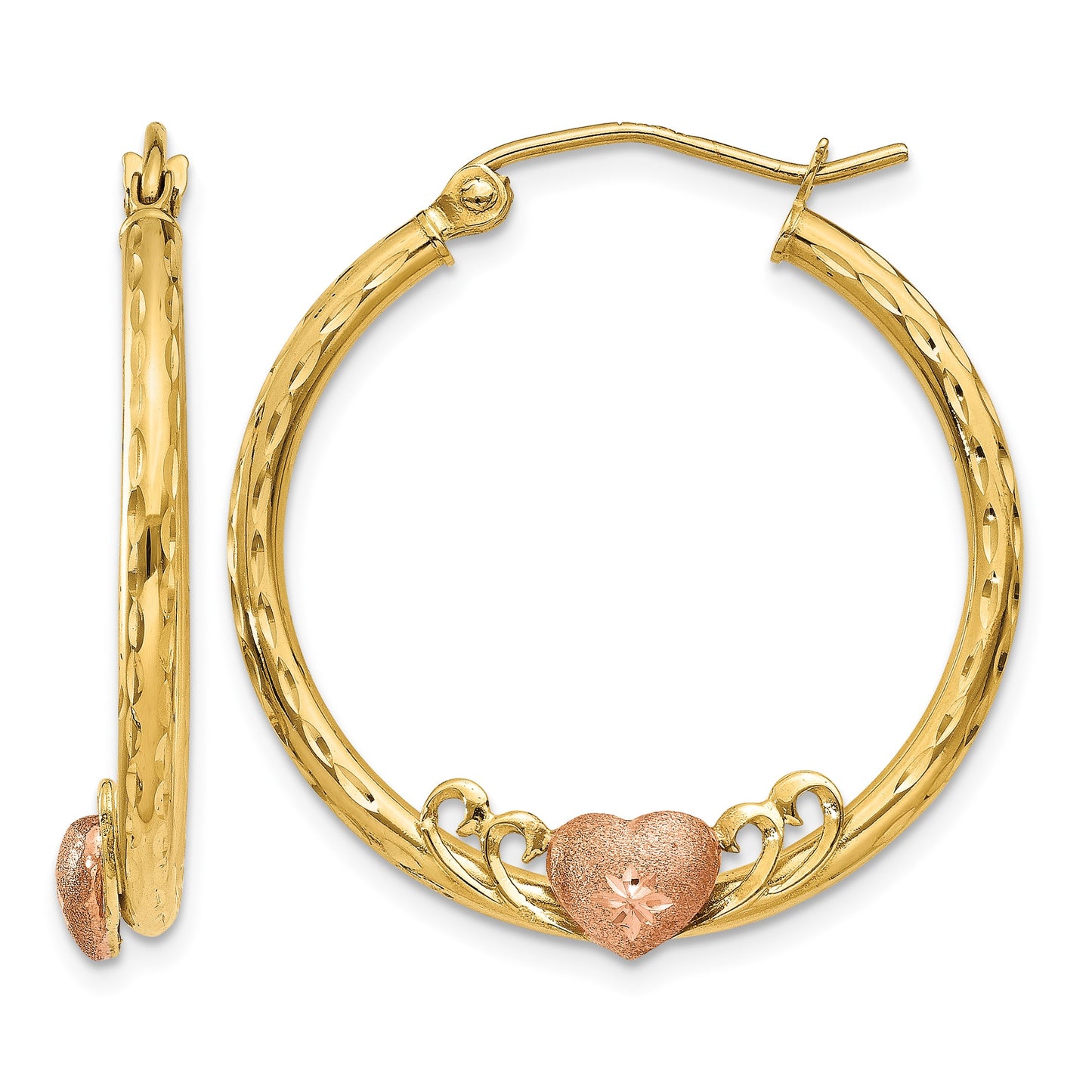 14K & Rose Heart D/C Hoop Earrings