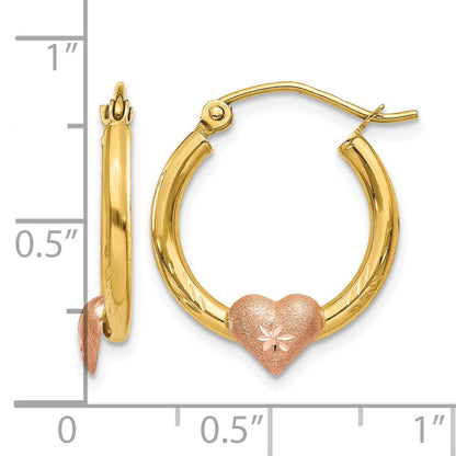 14K Yellow & Rose Gold Heart D/C Hoop Earrings