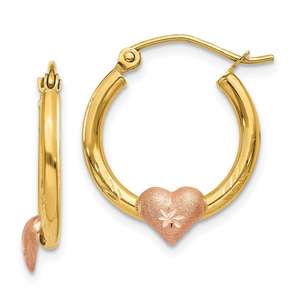 14K Yellow & Rose Gold Heart D/C Hoop Earrings