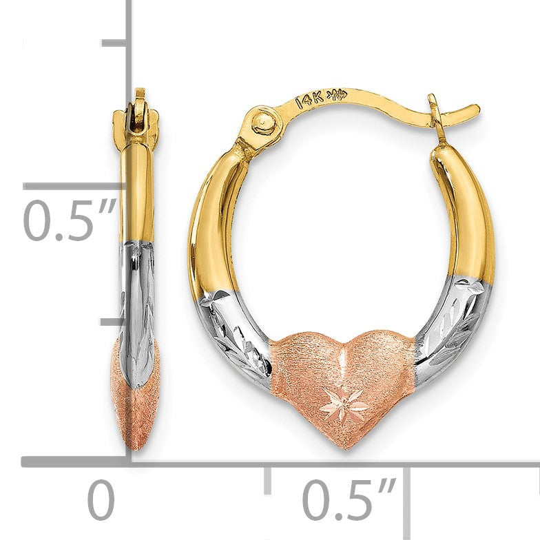 14K & White and Rose Rhodium Heart Hoop Earrings