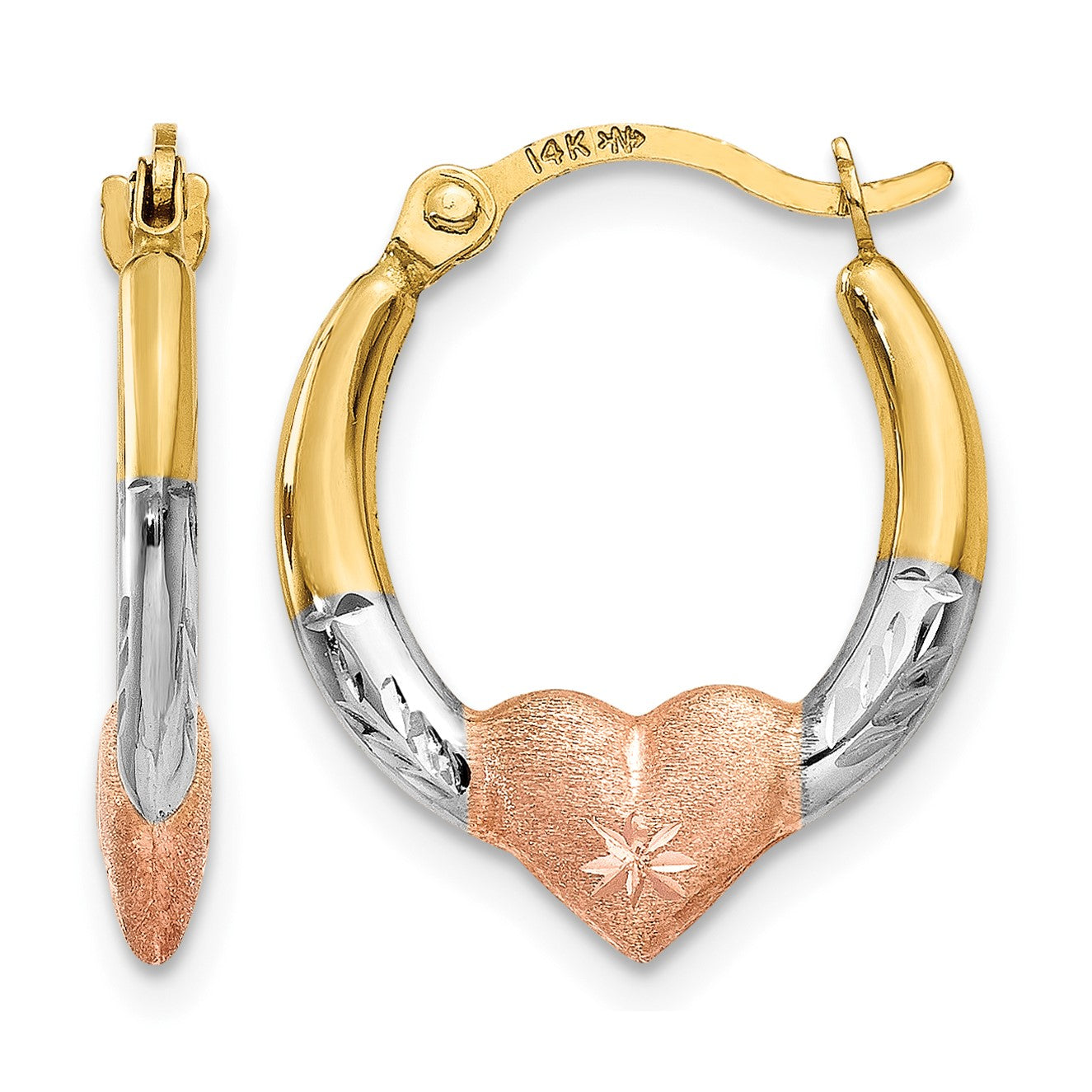 14K & White and Rose Rhodium Heart Hoop Earrings