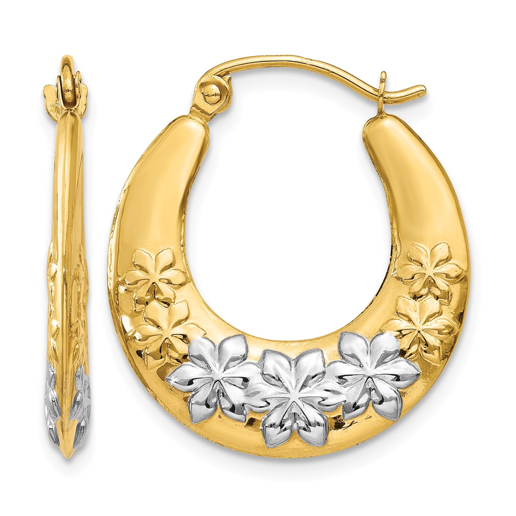14K & Rhodium Hollow Flowers Hoop Earrings