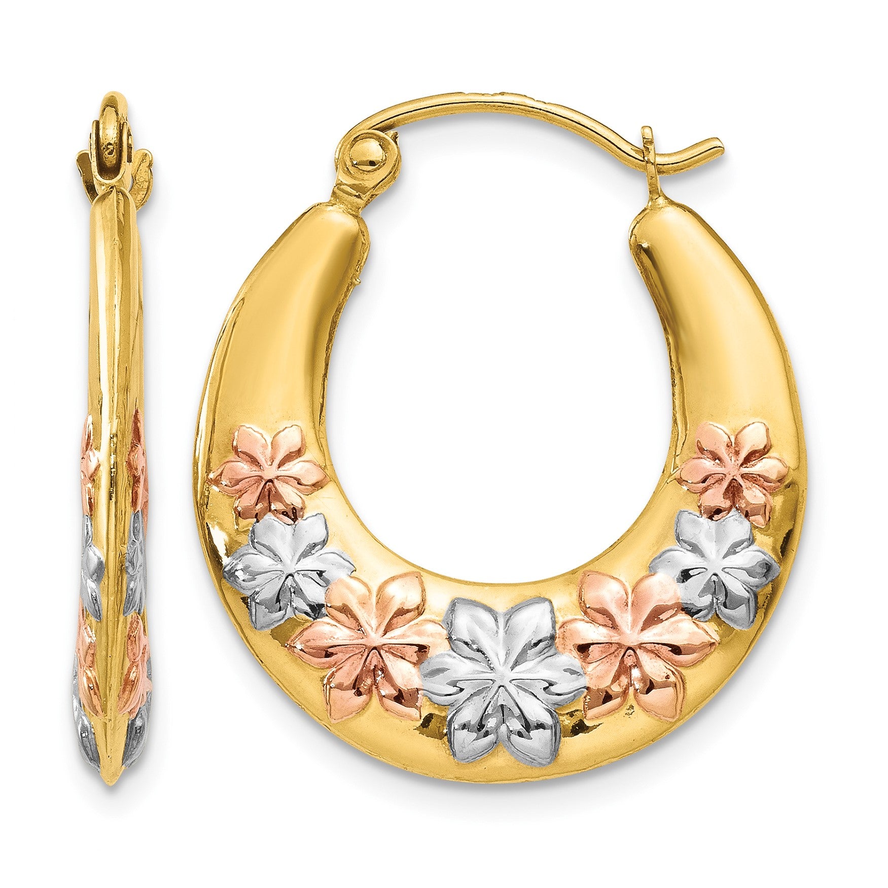 14K & White and Rose Rhodium Hollow Flowers Hoop Earrings