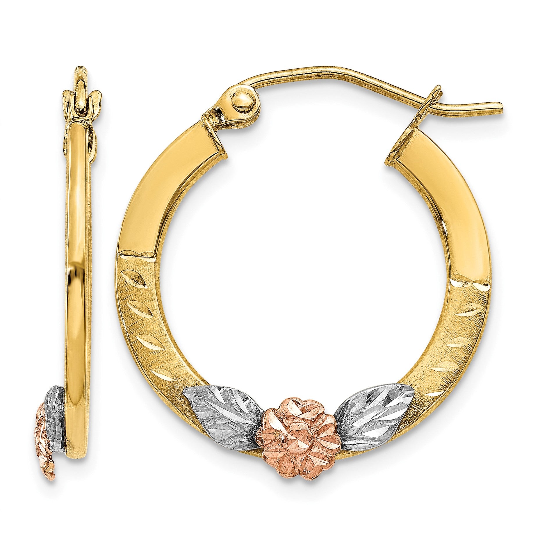 14K Yellow & Rose Gold w/ Rhodium Diamond Cut Flower Hoop Earrings