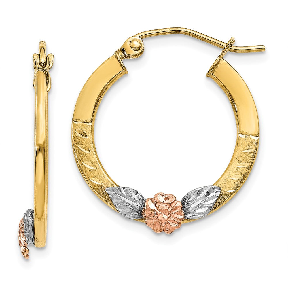 14K Yellow & Rose Gold w/ Rhodium Diamond Cut Flower Hoop Earrings