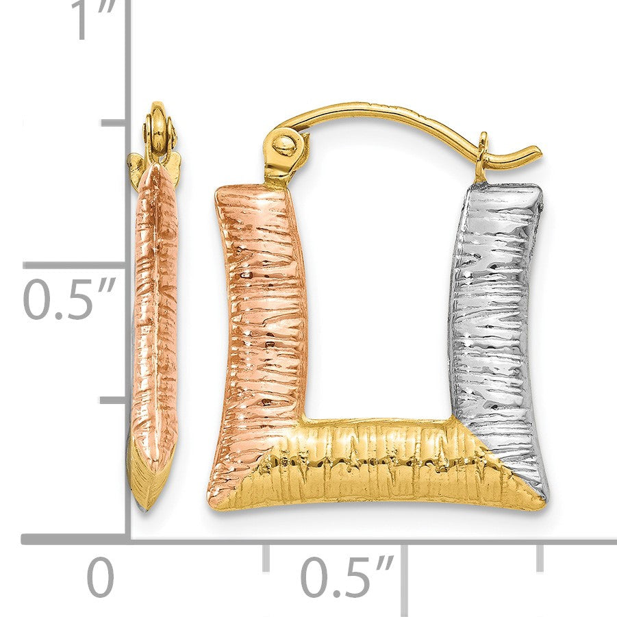 14K & White & Rose Rhodium Hollow Textured Square Hoop Earrings