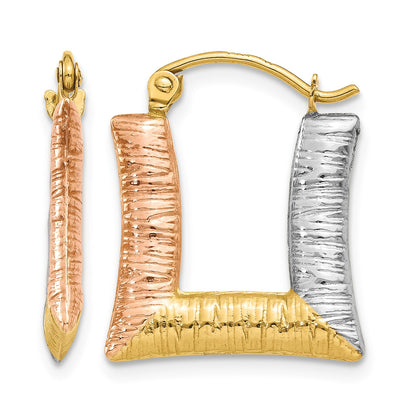 14K & White & Rose Rhodium Hollow Textured Square Hoop Earrings