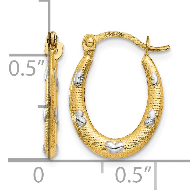 14K Rhodium Textured Hollow Oval w/ Hearts Hoop Earrings