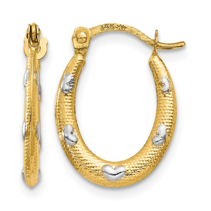 14K Rhodium Textured Hollow Oval w/ Hearts Hoop Earrings