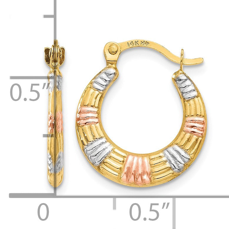 14K & White and Rose Rhodium Hollow Textured Hoop Earrings