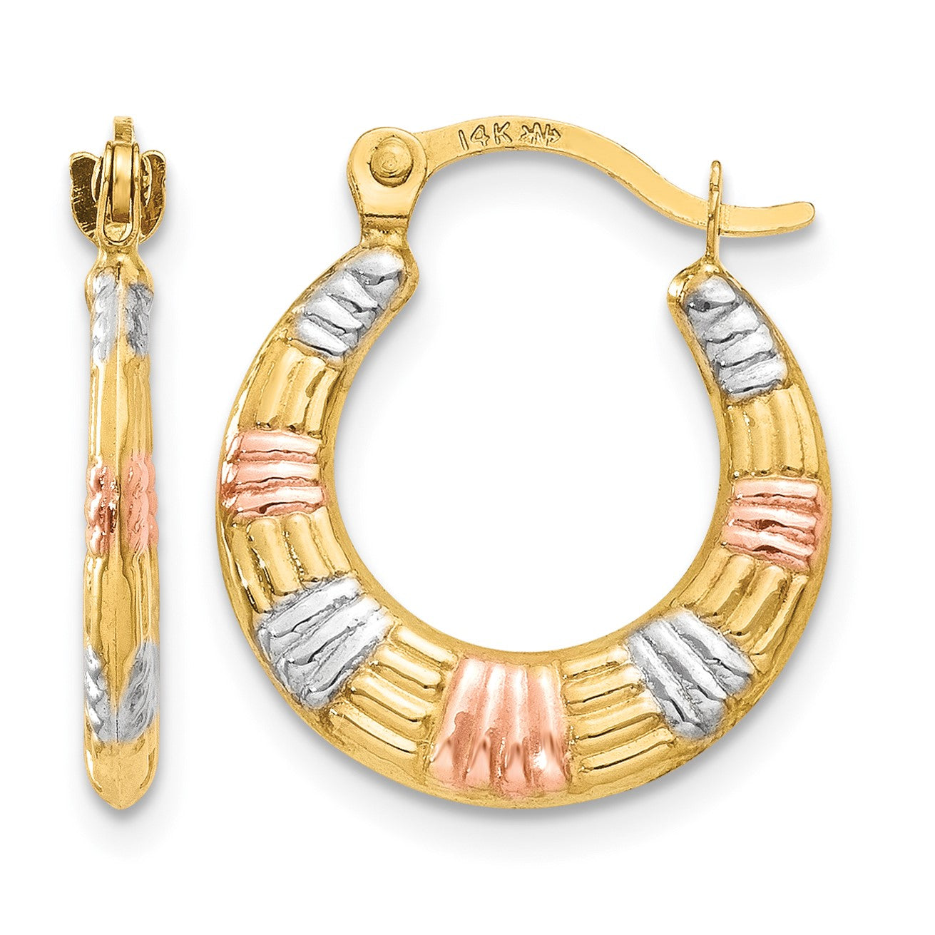 14K & White and Rose Rhodium Hollow Textured Hoop Earrings