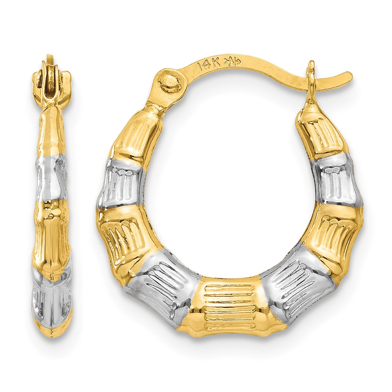 14K & Rhodium Hollow Bamboo Hoop Earrings