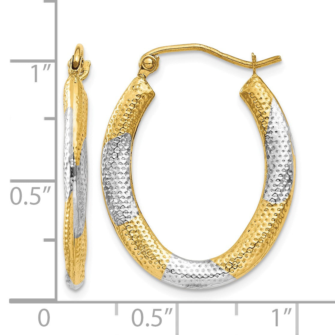 14K & Rhodium Textured Hollow Oval Hoop Earrings
