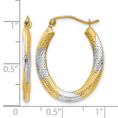 14K & Rhodium Textured Hollow Oval Hoop Earrings