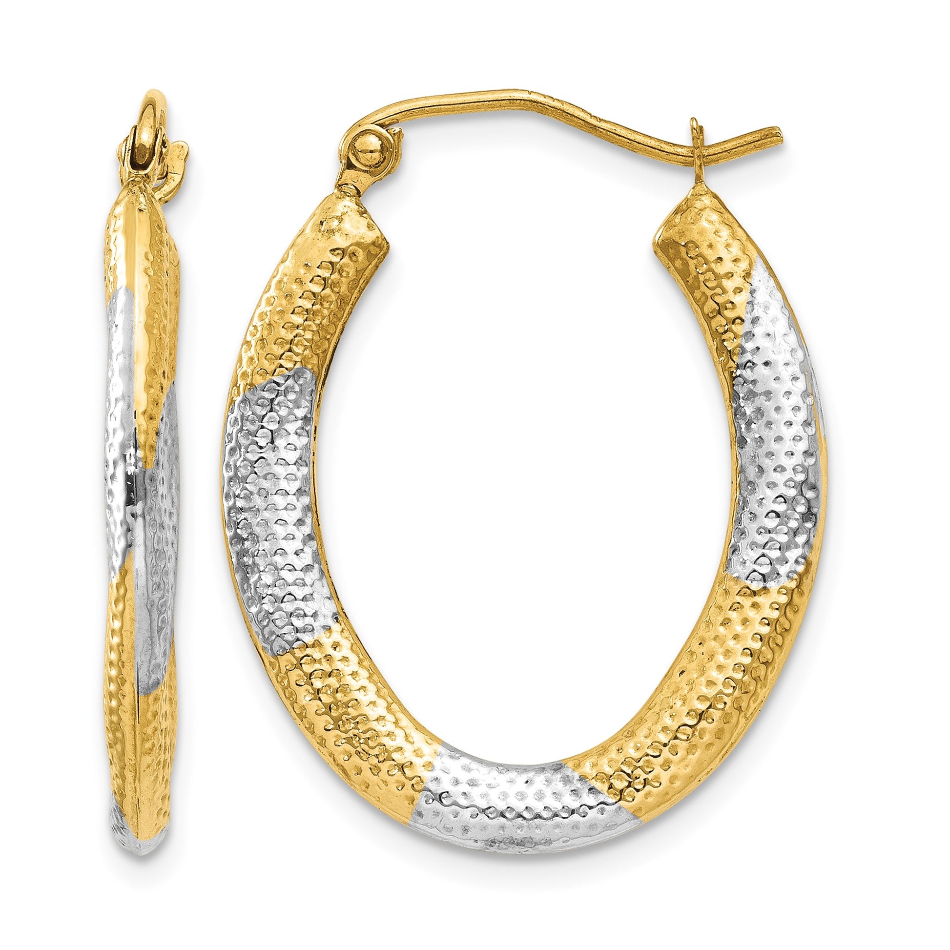 14K & Rhodium Textured Hollow Oval Hoop Earrings