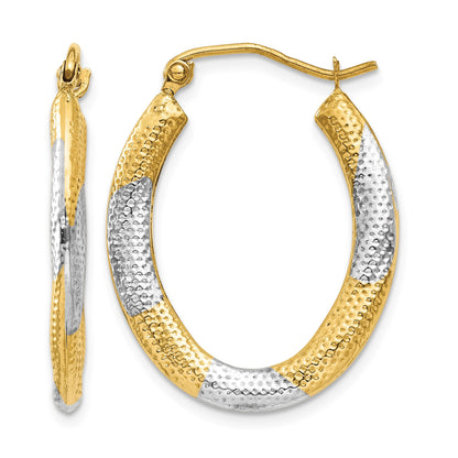 14K & Rhodium Textured Hollow Oval Hoop Earrings