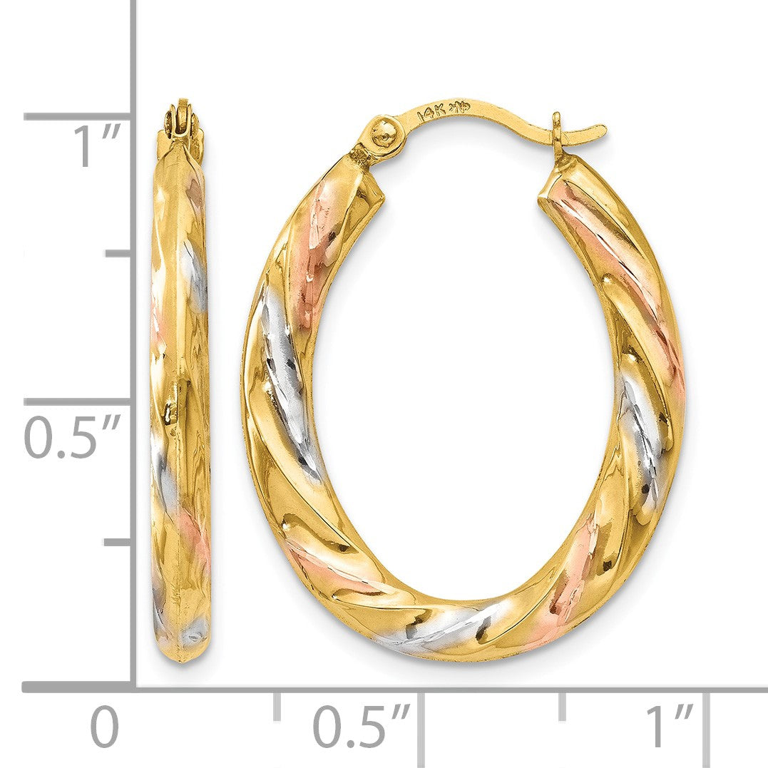 14K & White & Rose Rhodium Oval Hollow Scallop Hoop Earrings