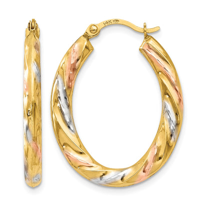 14K & White & Rose Rhodium Oval Hollow Scallop Hoop Earrings