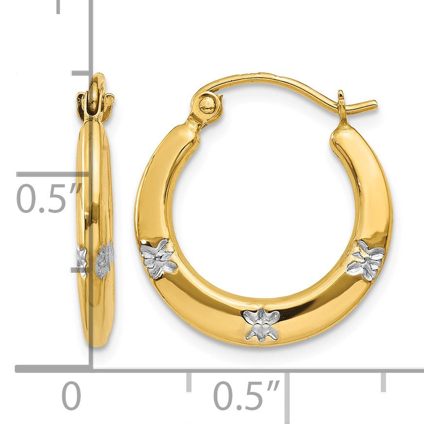 14K & Rhodium Flowers Hollow Hoop Earrings