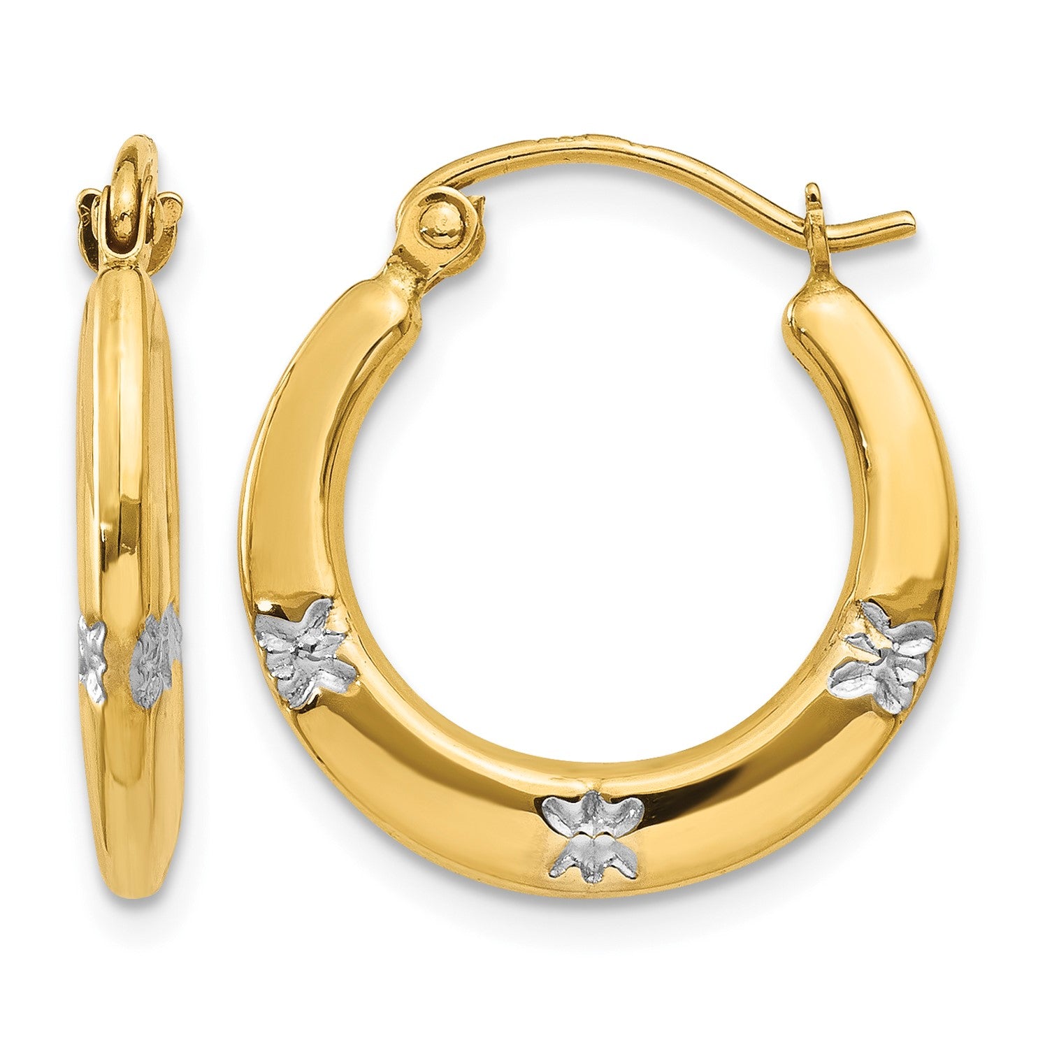 14K & Rhodium Flowers Hollow Hoop Earrings