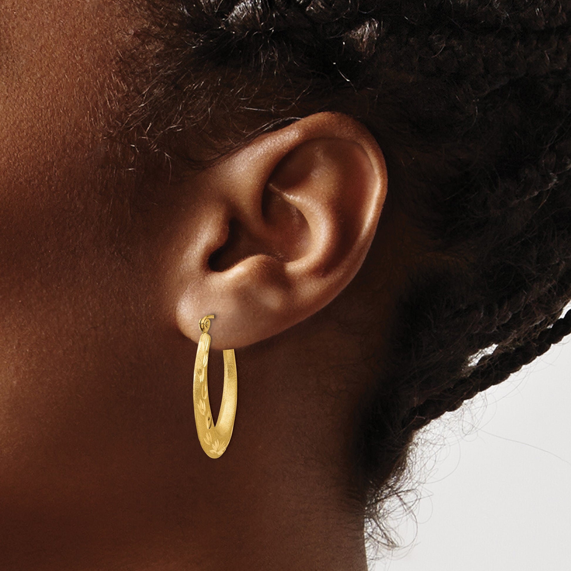 14K Satin Diamond Cut Hollow Hoop Earrings