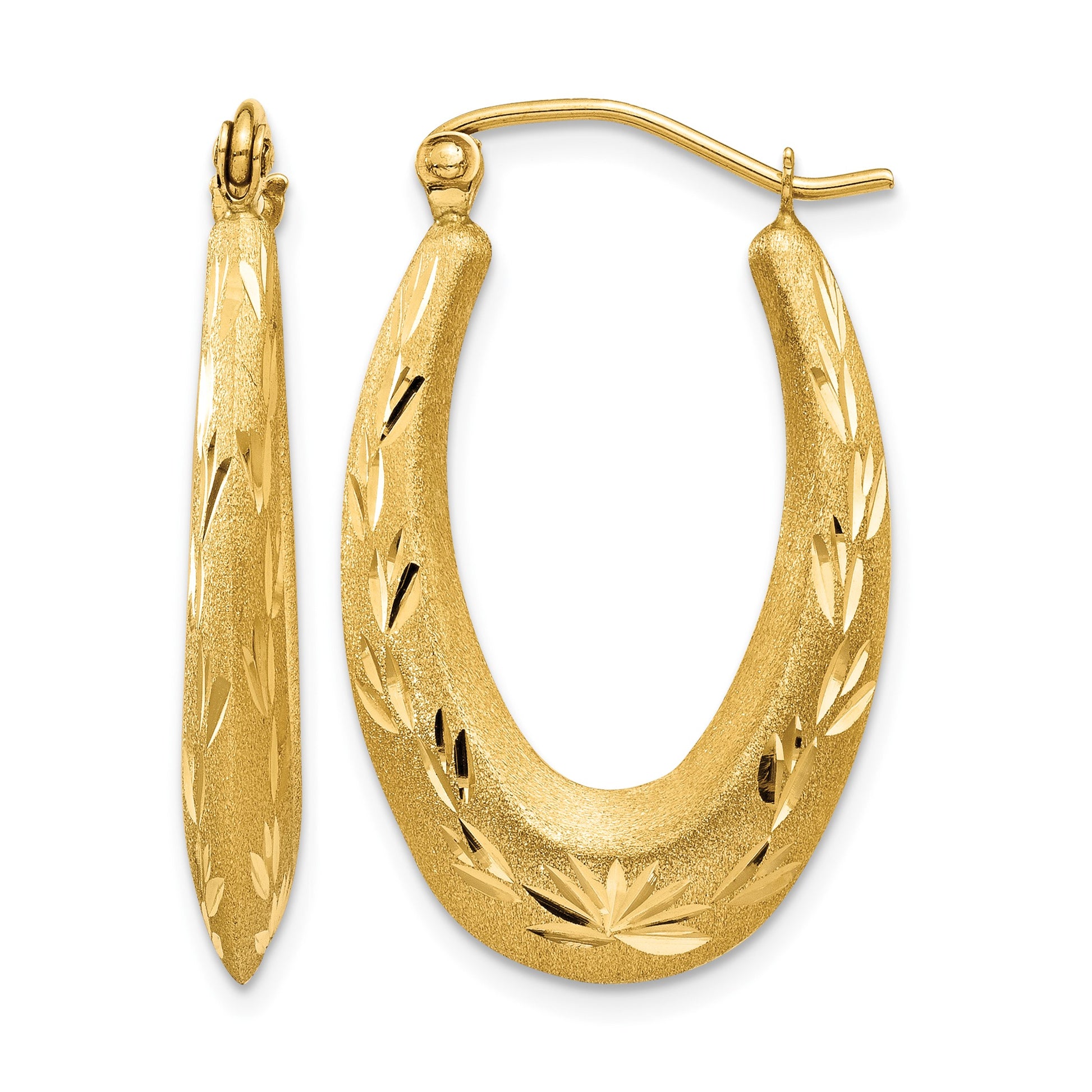 14K Satin Diamond Cut Hollow Hoop Earrings