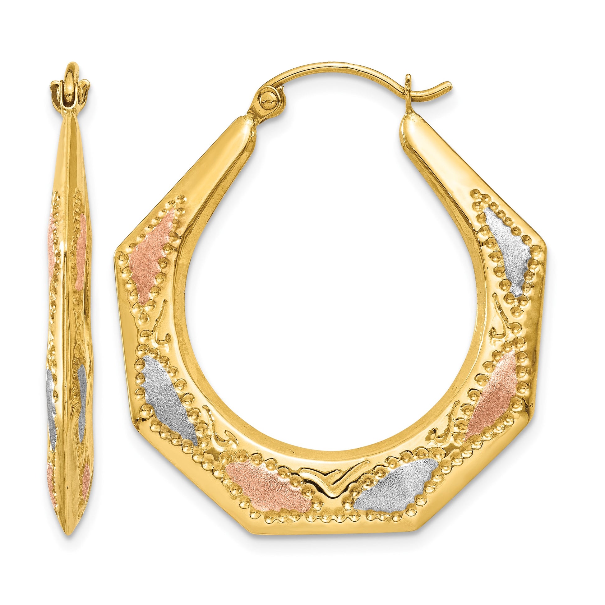 14K & White and Rose Rhodium Hollow Hoop Earrings