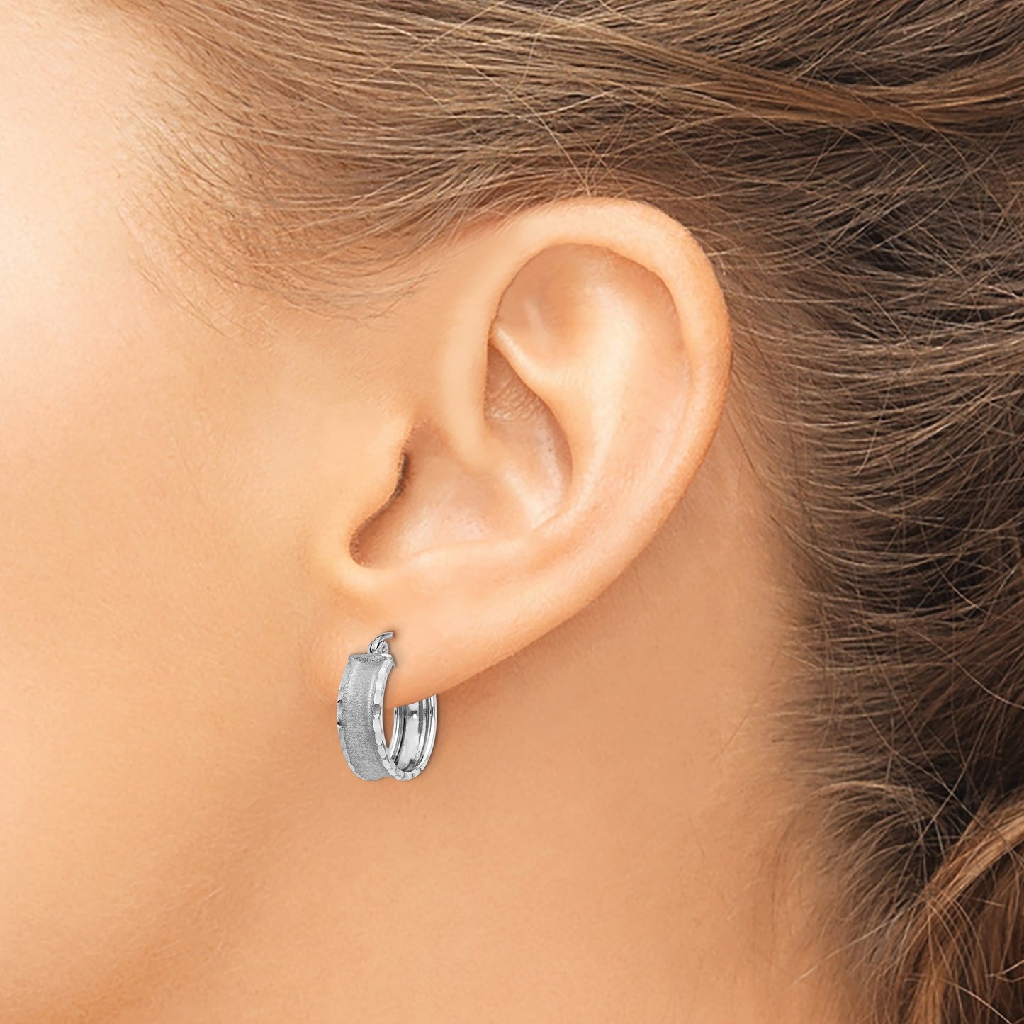 14K White Gold Diamond Cut Satin Hoop Earrings