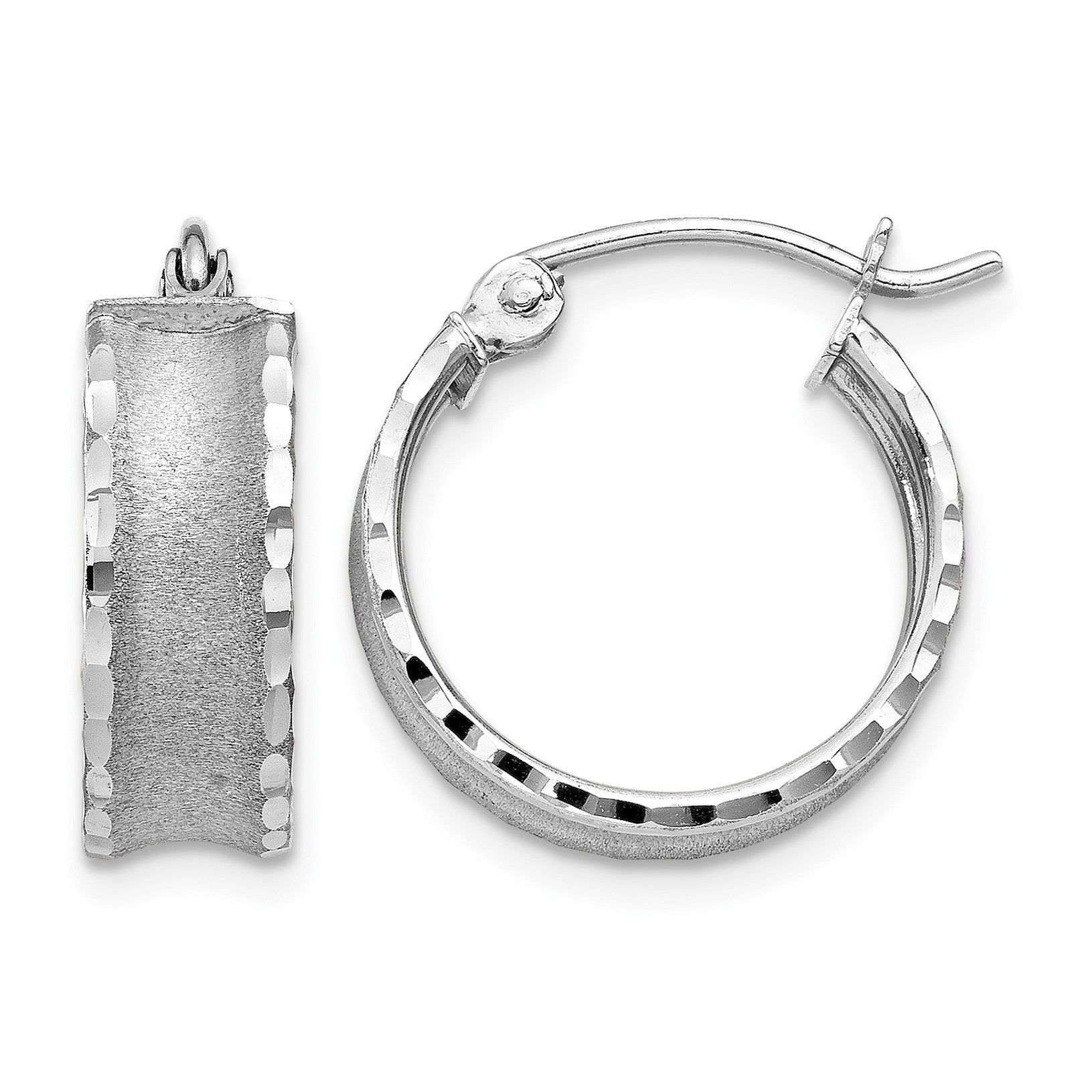 14K White Gold Diamond Cut Satin Hoop Earrings