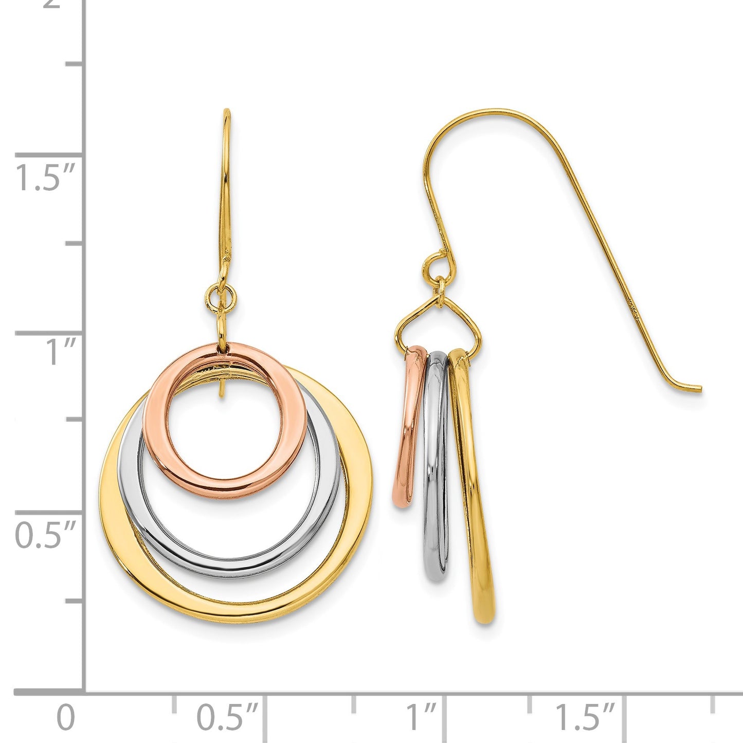 14K Tri-color Graduated Circles Dangle French Hook Earrings
