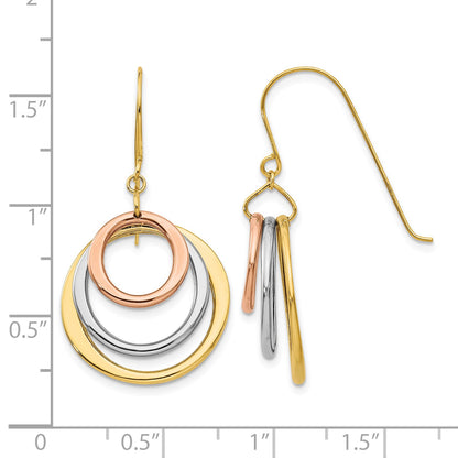 14K Tri-color Graduated Circles Dangle French Hook Earrings