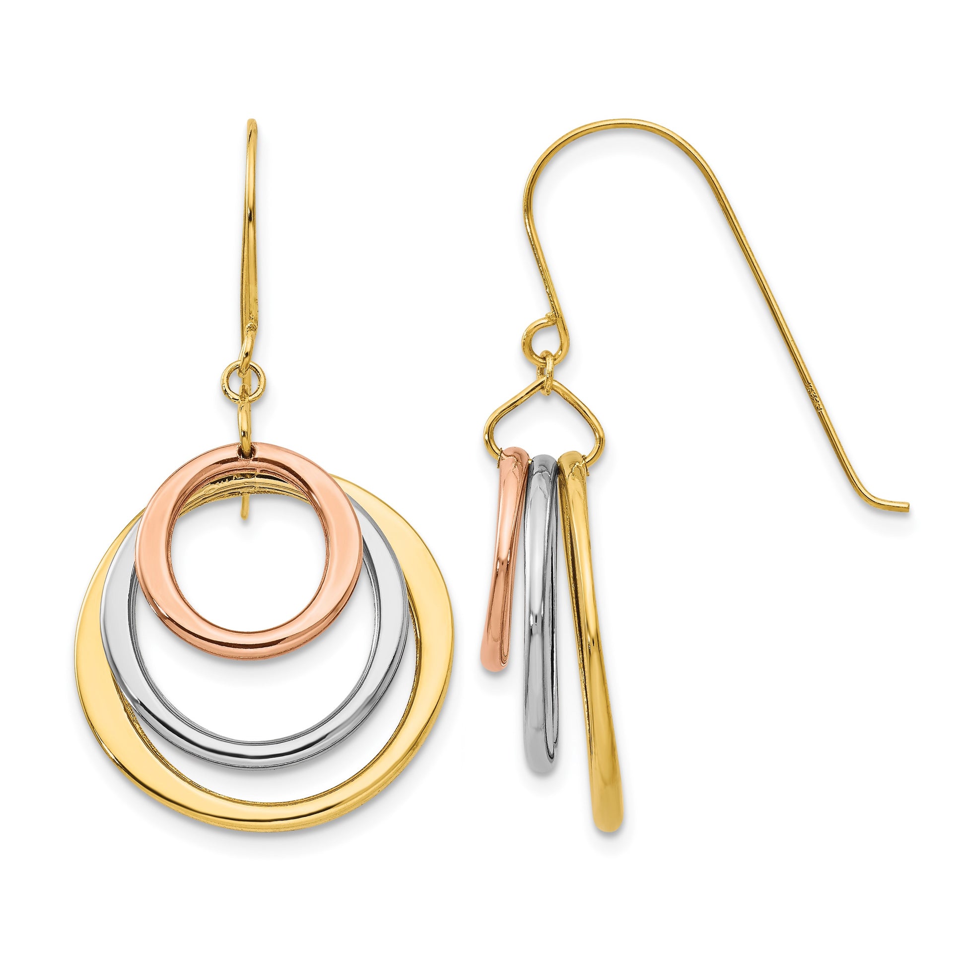 14K Tri-color Graduated Circles Dangle French Hook Earrings