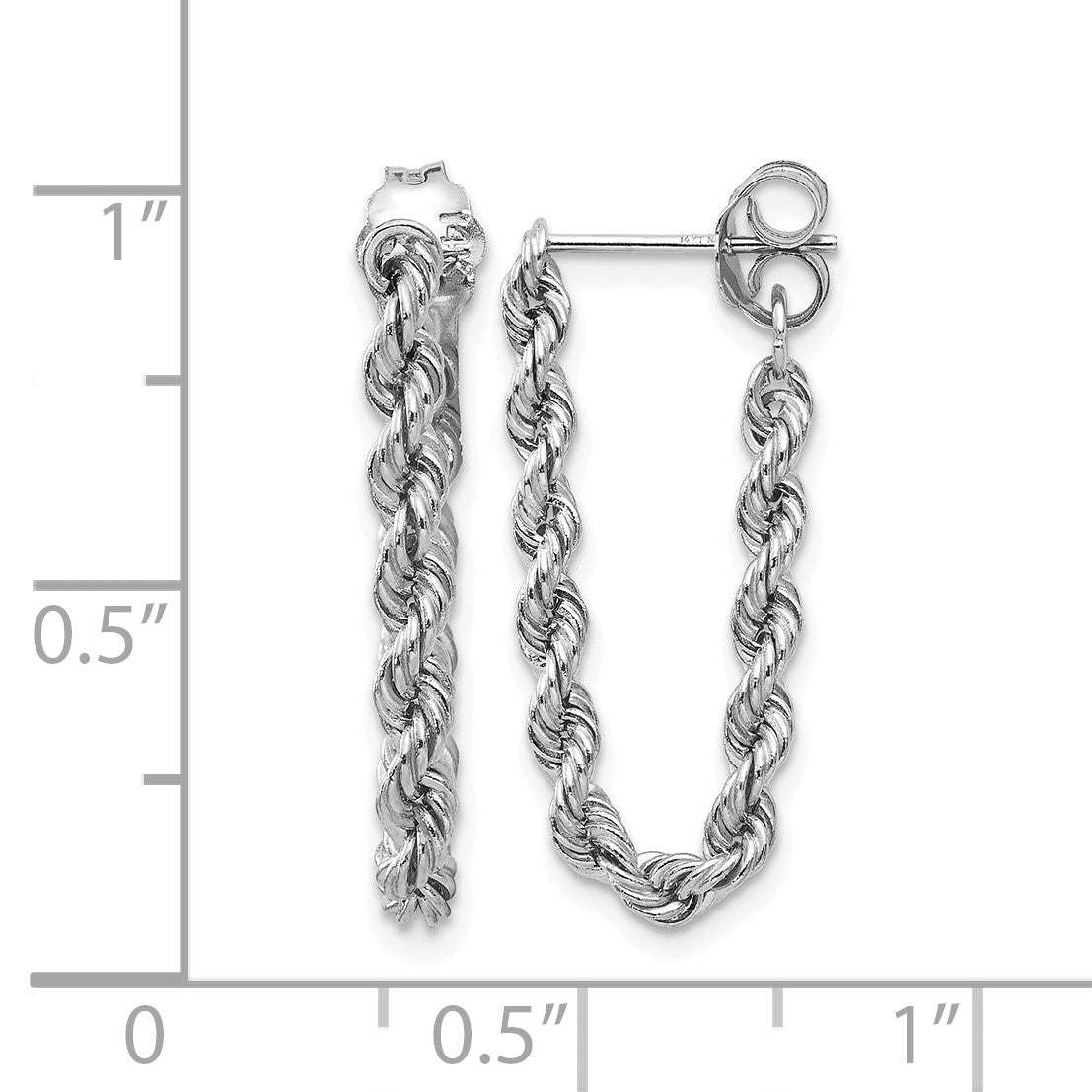 14K White Gold Polished 2.5mm Hollow Rope Chain Dangle Post Earrings