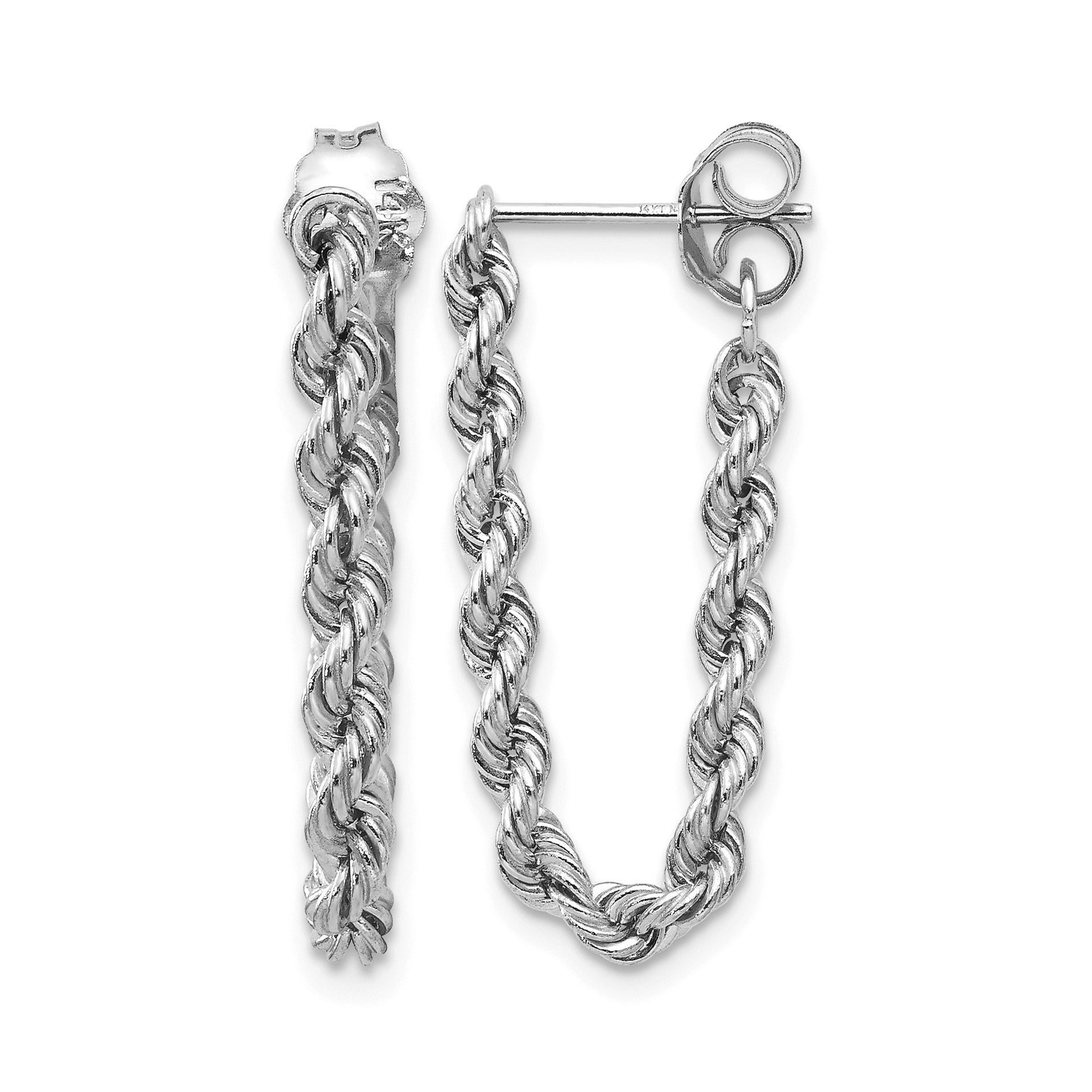14K White Gold Polished 2.5mm Hollow Rope Chain Dangle Post Earrings