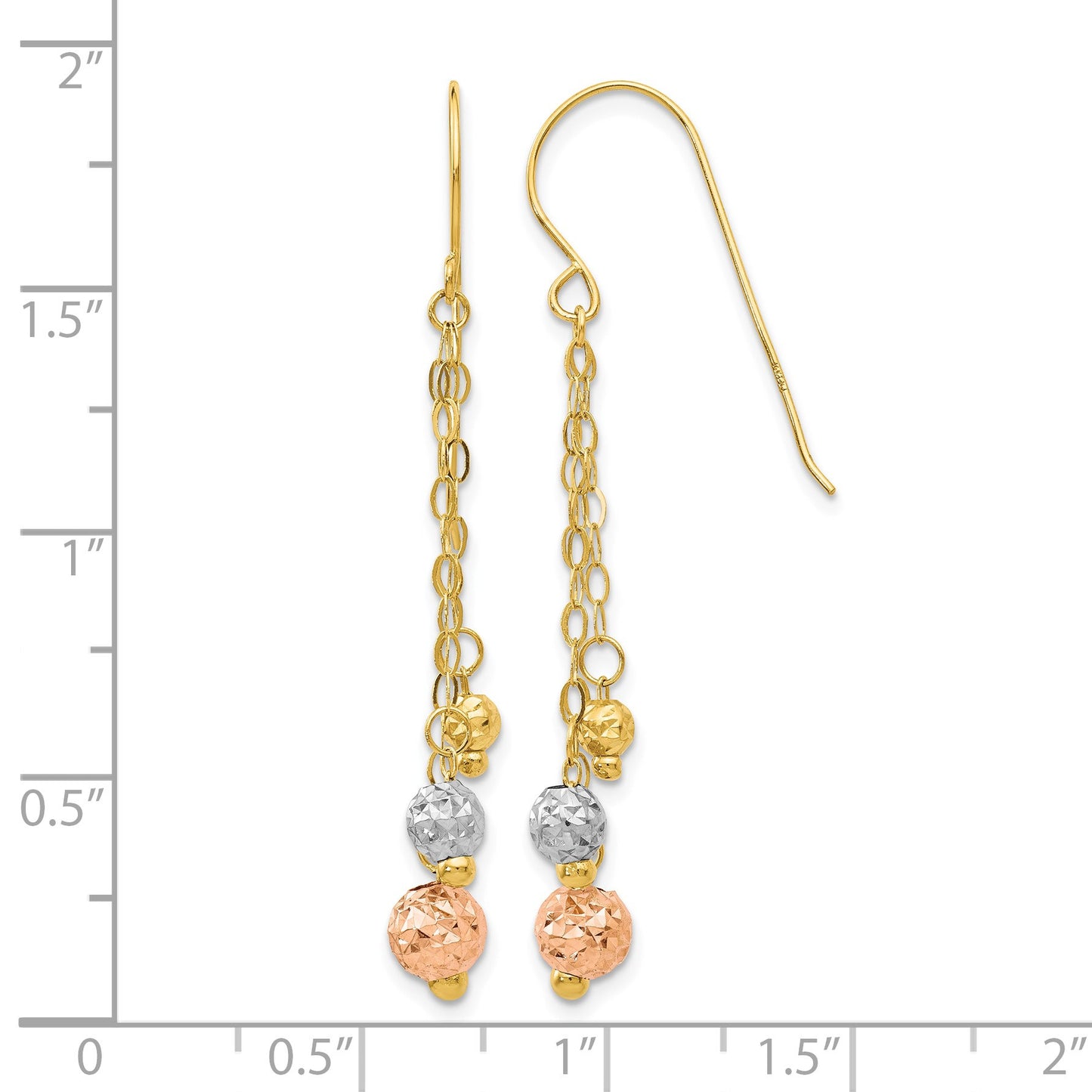 14K Tri-color Diamond-cut Beads and Chain Dangle French Hook Earrings