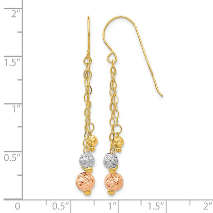 14K Tri-color Diamond-cut Beads and Chain Dangle French Hook Earrings