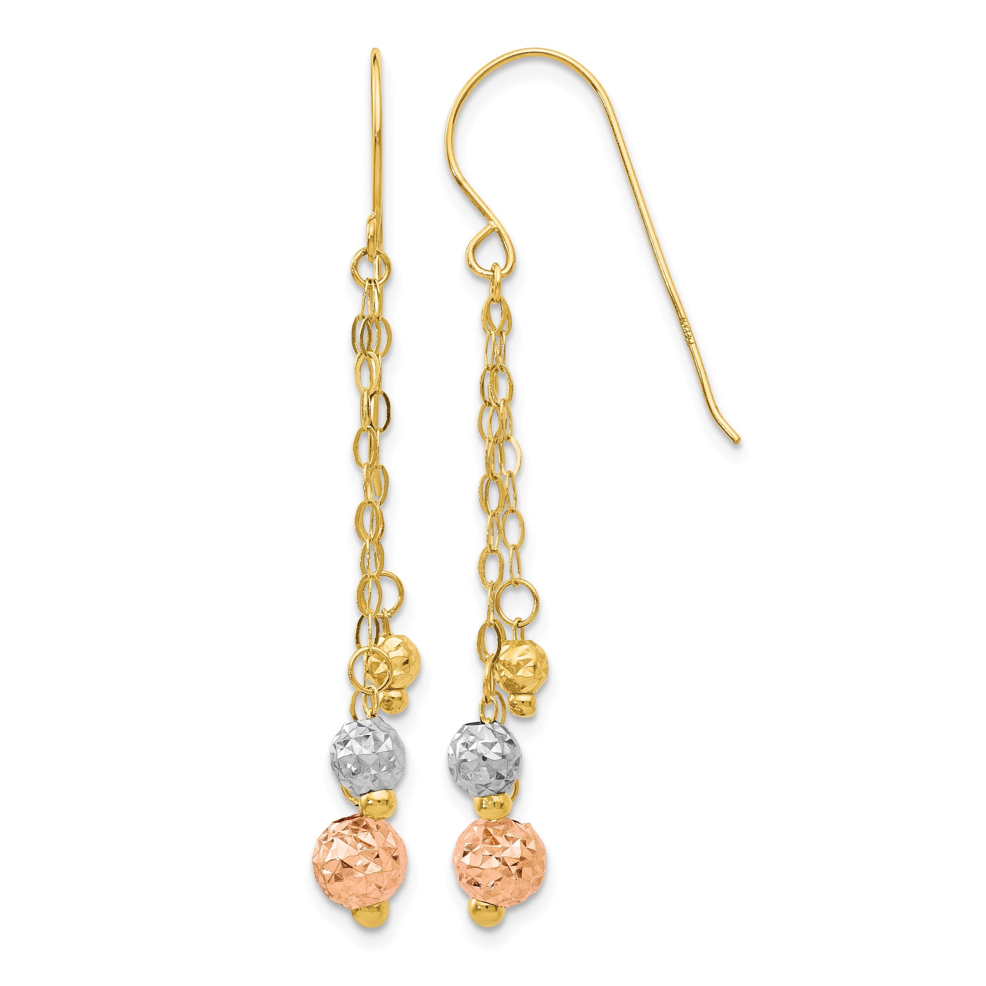 14K Tri-color Diamond-cut Beads and Chain Dangle French Hook Earrings