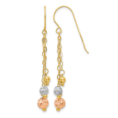 14K Tri-color Diamond-cut Beads and Chain Dangle French Hook Earrings