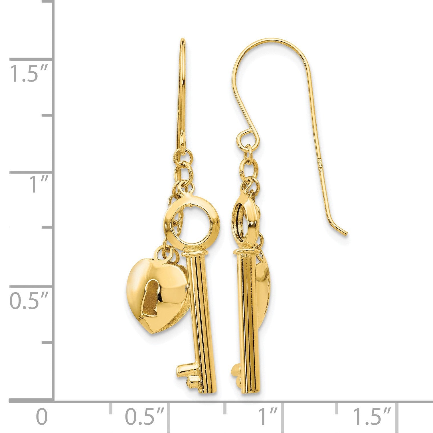 14K Puffed Heart Lock and Key French Hook Earrings